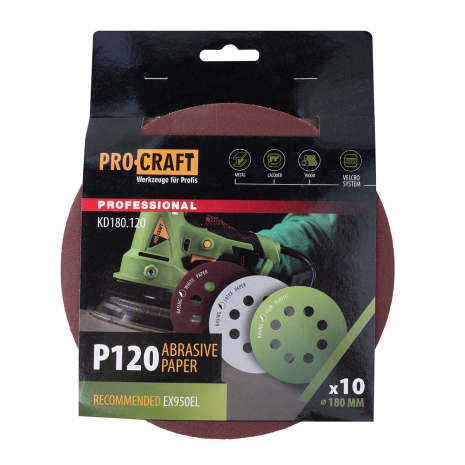 Круг шлифовальный самозацепной Procraft KD180.120 UNIVERSAL (набор 10 шт.) 8 отв.