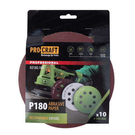 Круг шлифовальный самозацепной Procraft KD180.180 UNIVERSAL (набор 10 шт.) 8 отв.