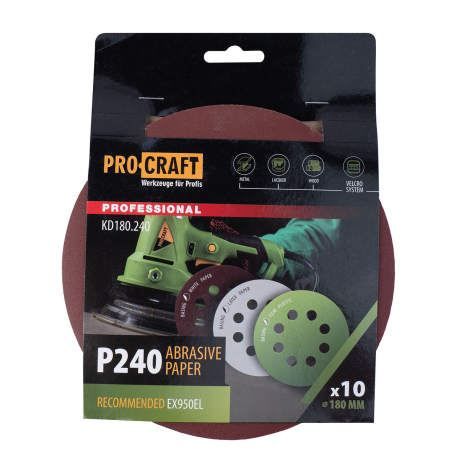 Круг шлифовальный самозацепной Procraft KD180.240 UNIVERSAL (набор 10 шт.) 8 отв.