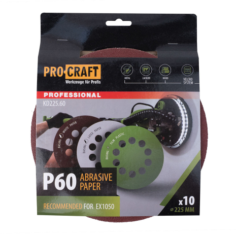 Круг шлифовальный самозацепной Procraft KD225.60 UNIVERSAL (набор 10 шт.) 10 отв.