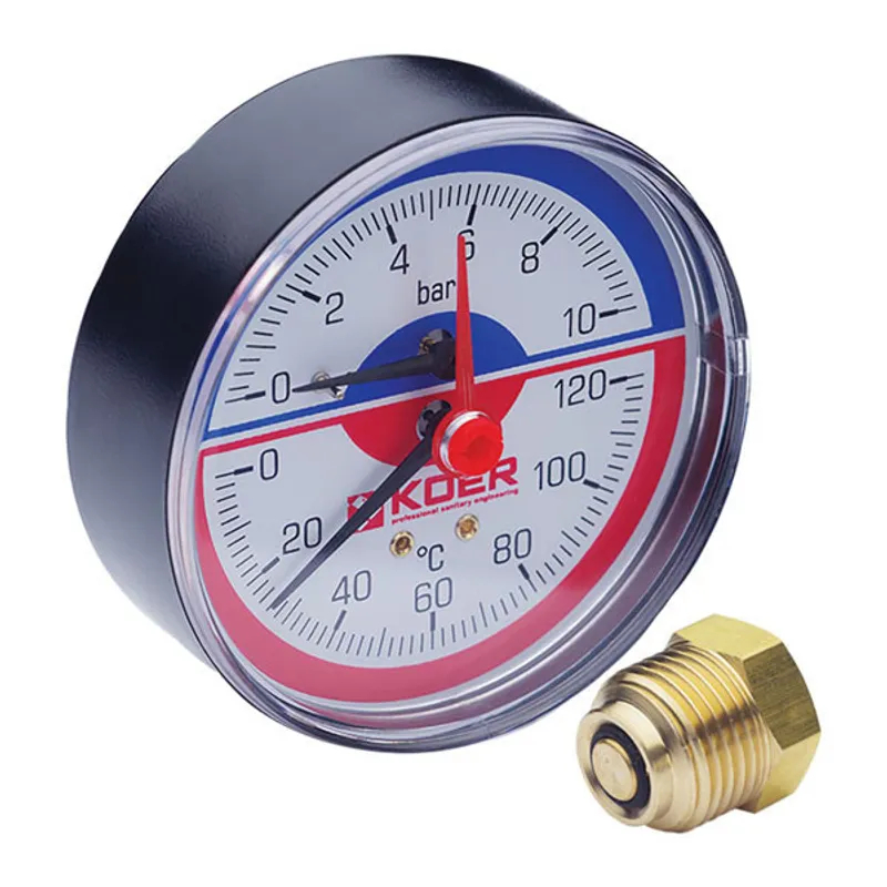 Термо-манометр аксіальний KOER KM.802A 0-10 бар, D=80мм, 1/2'' - Чехія (KR0224) Термо-манометр аксіальний KOER KM.802A 0-10 бар, D=80мм, 1/2'' - Чехія (KR0224)