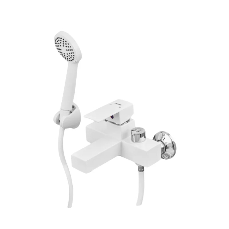 Змішувач для ванни Plamix Kubus-009 EURO SET White з коротким виливом та шлангом (PM0673) Змішувач для ванни Plamix Kubus-009 EURO SET White з коротким виливом та шлангом (PM0673)