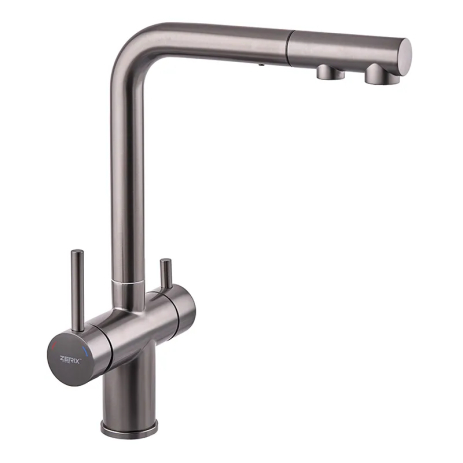 Кухонний змішувач Zerix LUX-024 Graphite з висувним душем, нержавіюча сталь, на дві води (ZX5557) Кухонний змішувач Zerix LUX-024 Graphite з висувним душем, нержавіюча сталь, на дві води (ZX5557)