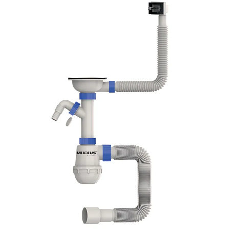 Сифон для кухни Mixxus SK-02-B 3 1/2"x40 с нерж.сеткой, отводом для стиральной машины, гибким прямо