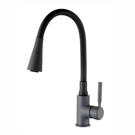 Смеситель для кухни Zerix Atrium-011 Graphite Black с гибким силиконовым изливом и подводкой, цвет графит + черный (ZX6106)