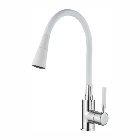 Смеситель для кухни Zerix Atrium-011 Ref White с гибким силиконовым изливом и подводкой, цвет хром+белый (ZX4719)