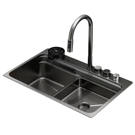 Мийка Zerix ZH7548-SET-03 Nano-Black із вбудованим змішувачем з нержавіючої сталі (ZM5577)