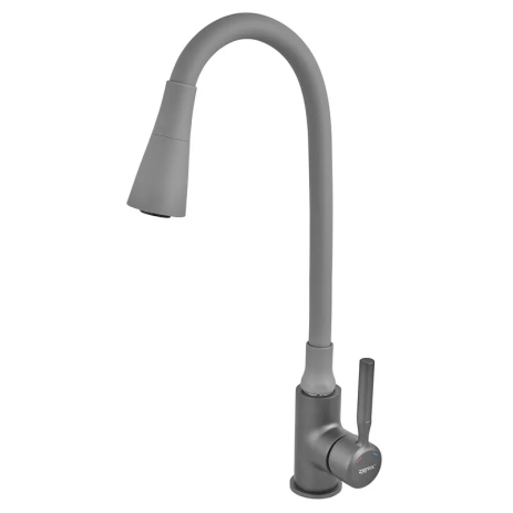Смеситель для кухни Zerix Atrium-011 Graphite Refl Gray с гибким силиконовым изливом и подводкой, цвет графит + серый (ZX6107)