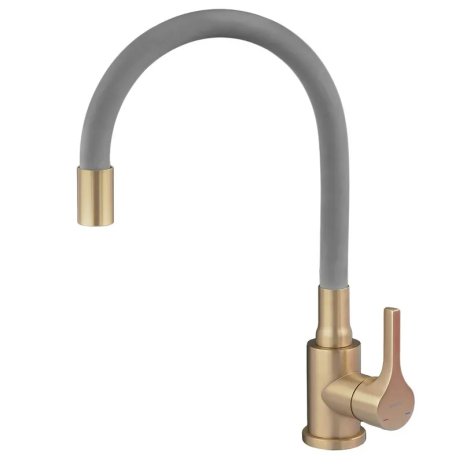 Смеситель для кухни Zerix Rex-011 Brushed Gold Refl.Grey из нерж.стали (Цвет мат.золото+силик.излив серый) (ZX6133)