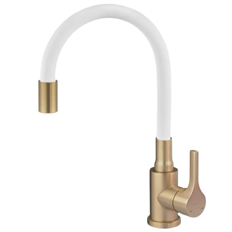 Смеситель для кухни Zerix Rex-011 Brushed Gold Refl.White из нерж.стали (Цвет мат.золото+силик.излив белый) (ZX6134)