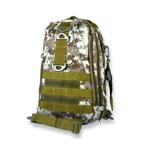 Коричневая сумка-рюкзак через плечо с двумя отделами и карманом на обороте в пиксельном стиле