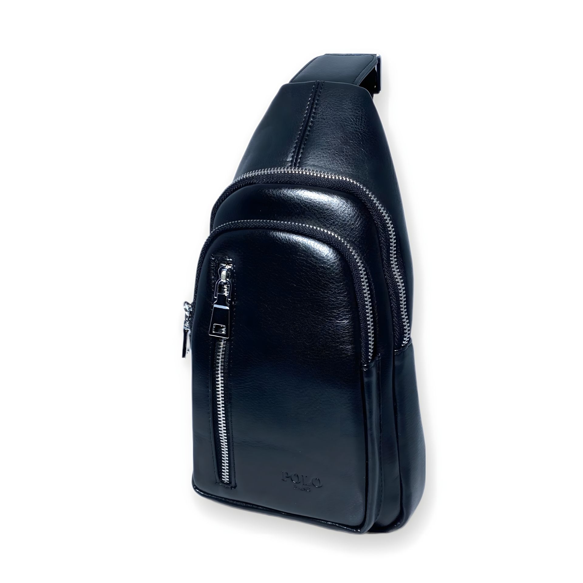 Слінг шкіряний стильний на два відділення чорного кольору Слінг шкіряний стильний на два відділення чорного кольору