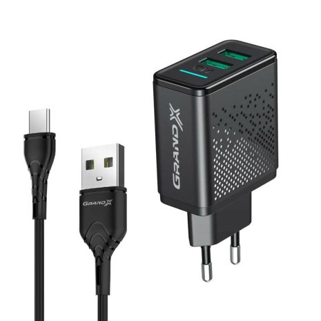 Зарядний пристрій Grand-X (2xUSB 3.1А) Black з кабелем Type C (CH-60T)