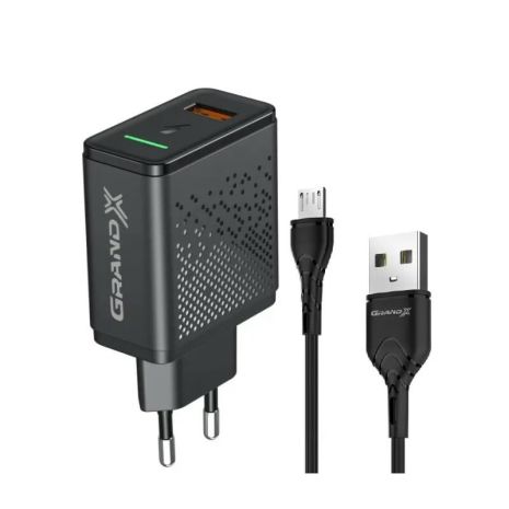 Зарядний пристрій Grand-X Fast Charge 3-в-1 QC3.0, FCP, AFC, (1хUSB, 18W) + кабель USB-microUSB Black (CH-650M)