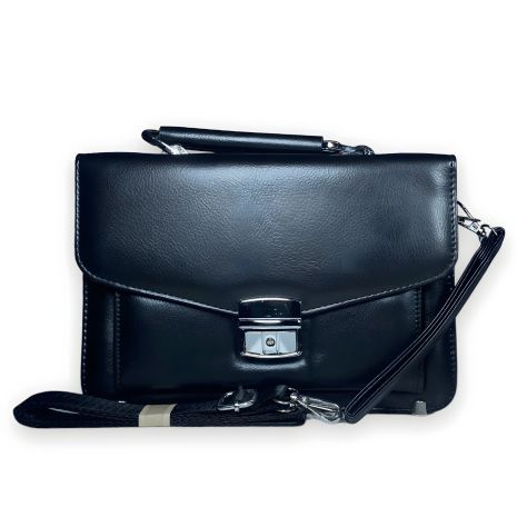 Черная сумка-барсетка, три отделения + два на замке, фронтальные карманы, ручка, ремень, ключ, размер 25*18*10 см