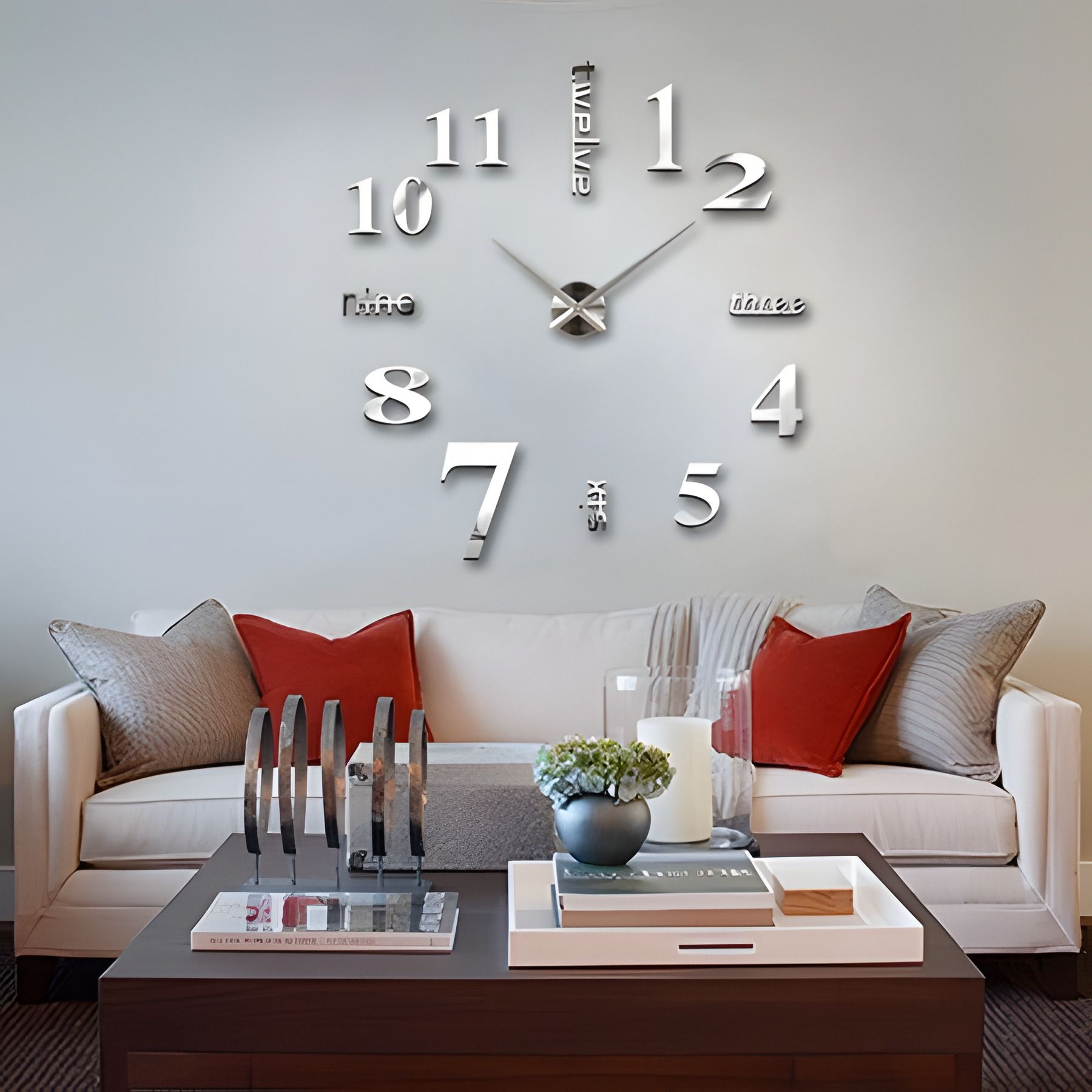 Timelike™ 3D часы 100 см большие настенные, серебристые Надписи-B Timelike™ 3D часы 100 см большие настенные, серебристые Надписи-B