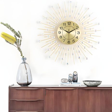 Шикарний великий настінний годинник (60 см) безшумний гарний в спальню вітальню "Солнце-G-600" золотистий