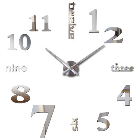 Великий сріблястий дзеркальний 3D настінний годинник 130 см NC (Чехія) Написи-S