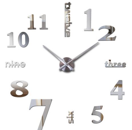 Великий сріблястий 3D годинник настінний 130 см NC (Чехія) Написи-G