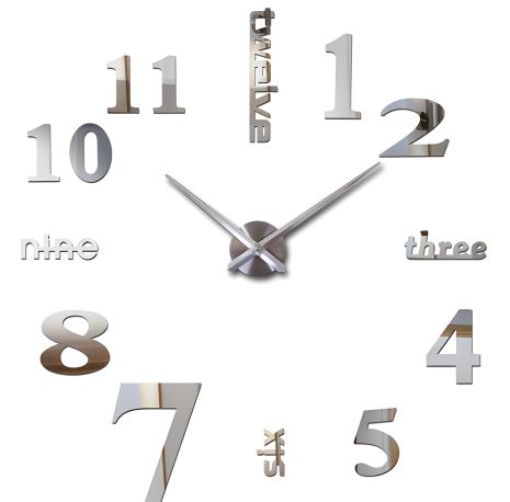 Великий сріблястий 3D годинник настінний 130 см NC (Чехія) Написи-G