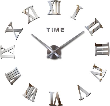 Настінний годинник 3D 130 см від NC (Чехія) Римські-S дзеркальний великий сріблястий