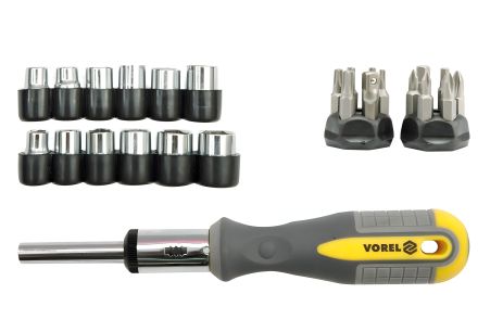 Отвёртка с трещоткой, головки и вставки, 29 шт., Vorel (60975)