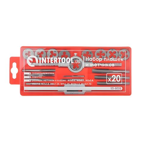 Комплект плашек и метчиков, 20 деталей, M3-M12 INTERTOOL SD-8020