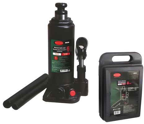 Бутылочный домкрат 6т с клапаном (подхват - 216мм, подъем - 413мм, ход штока - 127мм) в кейсе ROCKFORCE FORSAGE RF-T90604-S