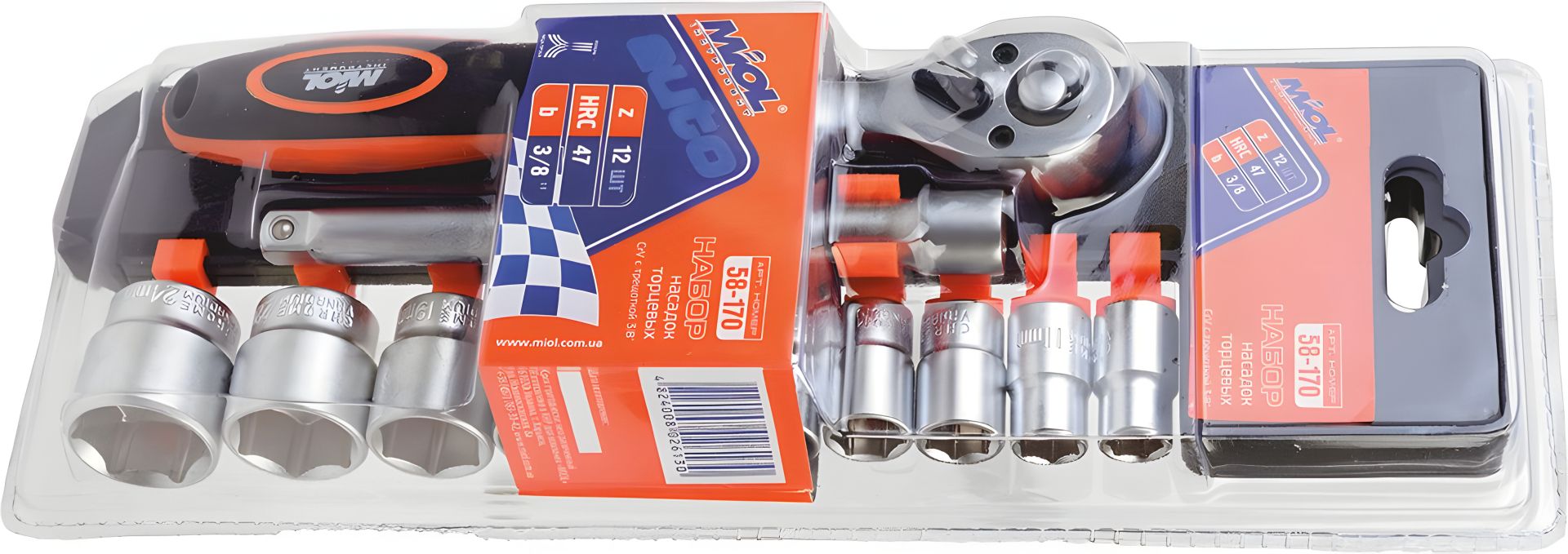 Набор торцевых насадок и трещотка 3/8" 12 шт. MIOL (58-170) Набор торцевых насадок и трещотка 3/8" 12 шт. MIOL (58-170)