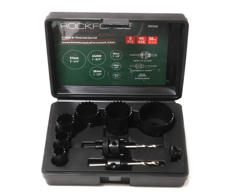 Комплект кольцевых биметаллических пил HSS, 9 предметов (19, 22, 29, 38, 44, 57мм), кейс пластиковый ROCKFORCE RF-BHS09