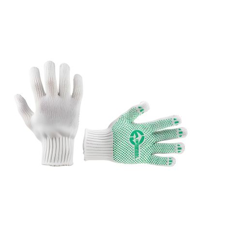 Трикотажна рукавичка з зеленими ПВХ крапками, 70% бавовна / 30% поліестер, 10", клас в’язки 10, біла, 68 г INTERTOOL SP-0133 Трикотажна рукавичка з зеленими ПВХ крапками, 70% бавовна / 30% поліестер, 10", клас в’язки 10, біла, 68 г INTERTOOL SP-0133