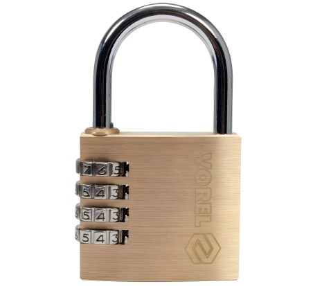 Кодовый навесной замок: латунный корпус 50х13.9х46 мм, стальная дуга 34х32х6 мм. Vorel 77609