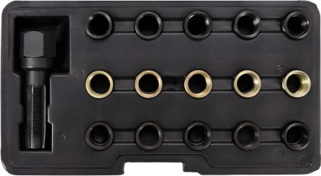 Набір для ремонту свічок запала: мітчик під головку М16x1,25 та 15 напрямних втулок, Yato YT-17580