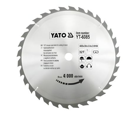 Пильный диск по дереву: победитовый, 400x30x3.8x2.8мм, 32 зубца, R.P.M до 4000 1/мин, Yato YT-6085 Пильный диск по дереву: победитовый, 400x30x3.8x2.8мм, 32 зубца, R.P.M до 4000 1/мин, Yato YT-6085