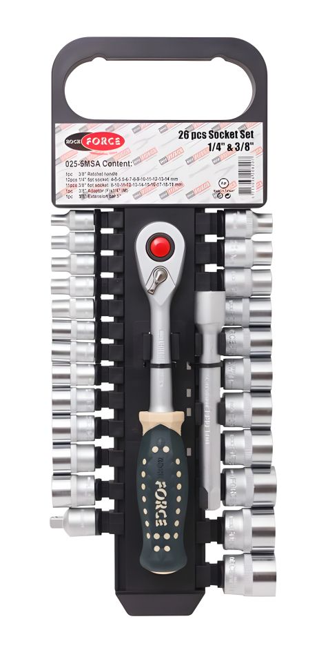 Комплект головок с трещоткой в пластиковом держателе 26 единиц 1/4"& 3/8" (4.5-19мм, шестигранный) ROCKFORCE RF-025-5MSA