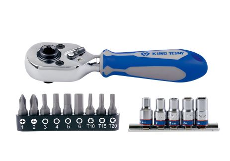 Набір вставок та головок з тріскачкою 1/4", TORX, HEX, PH, 15 од., KING TONY 2515MR
