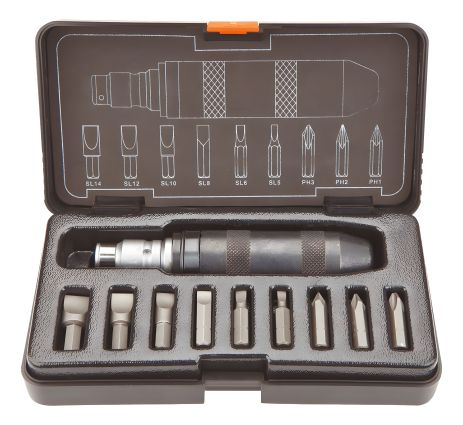 Універсальна викрутка ударна 1/2, комплект 1, сталева CrV ручка для наконечників 5, 16 на квадрат 1/2 з футляром (10 шт. змінних наконечників) NEO 04-250