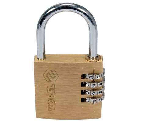 Кодовый навесной замок: латунный корпус-40х11,8х39,5 мм, стальная дуга-30х25х5 мм. Vorel 77608 Кодовый навесной замок: латунный корпус-40х11,8х39,5 мм, стальная дуга-30х25х5 мм. Vorel 77608