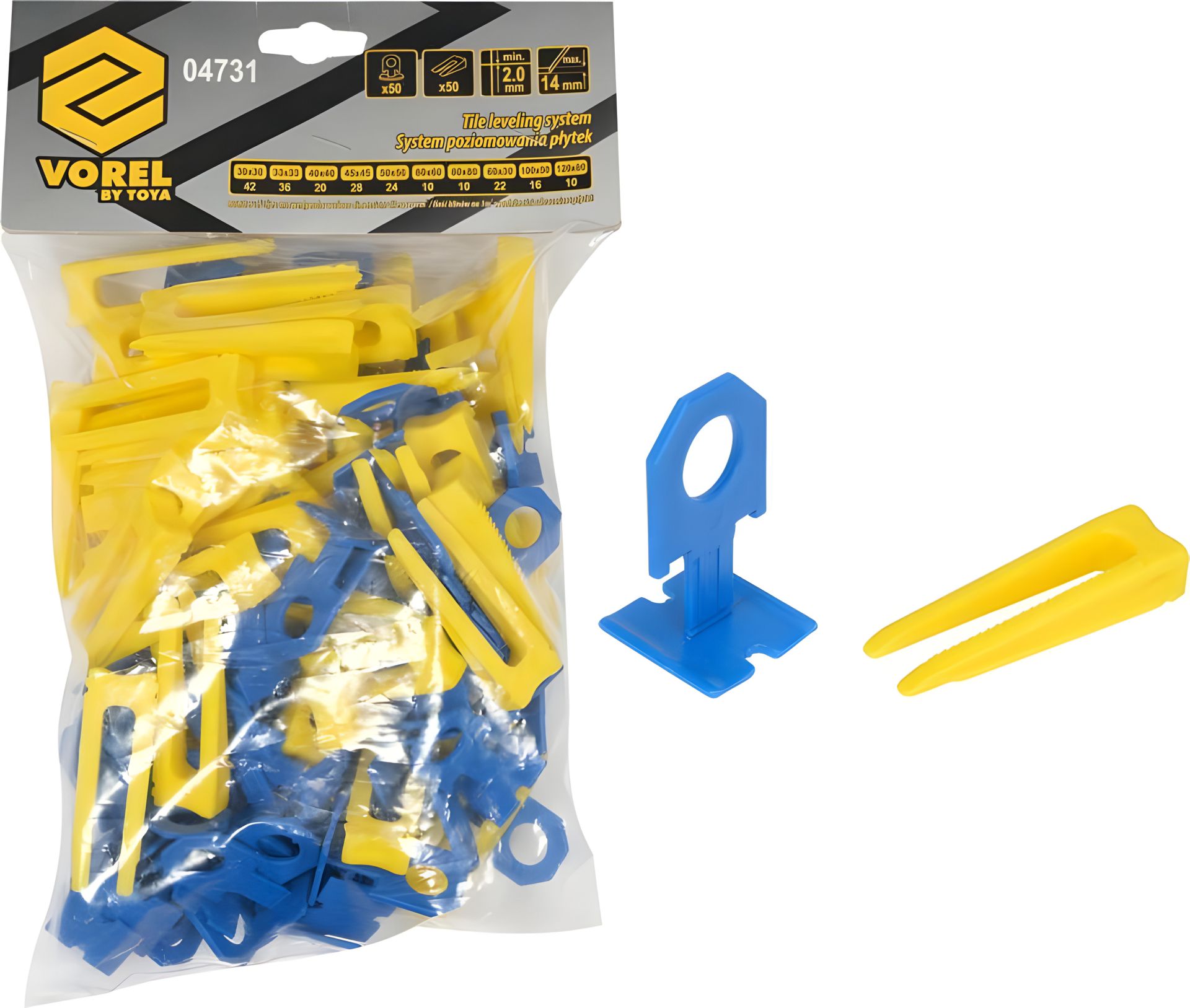Комплект кліпс і клинів для керам.плитки: 2 мм, товщина ≤ 14 мм. 50+50 шт. Vorel 04731 Комплект кліпс і клинів для керам.плитки: 2 мм, товщина ≤ 14 мм. 50+50 шт. Vorel 04731