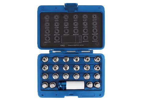 Набір насадок KING TONY 9BW0123 для монтажу/демонтажу секреток коліс VW, 23 предмети Набір насадок KING TONY 9BW0123 для монтажу/демонтажу секреток коліс VW, 23 предмети