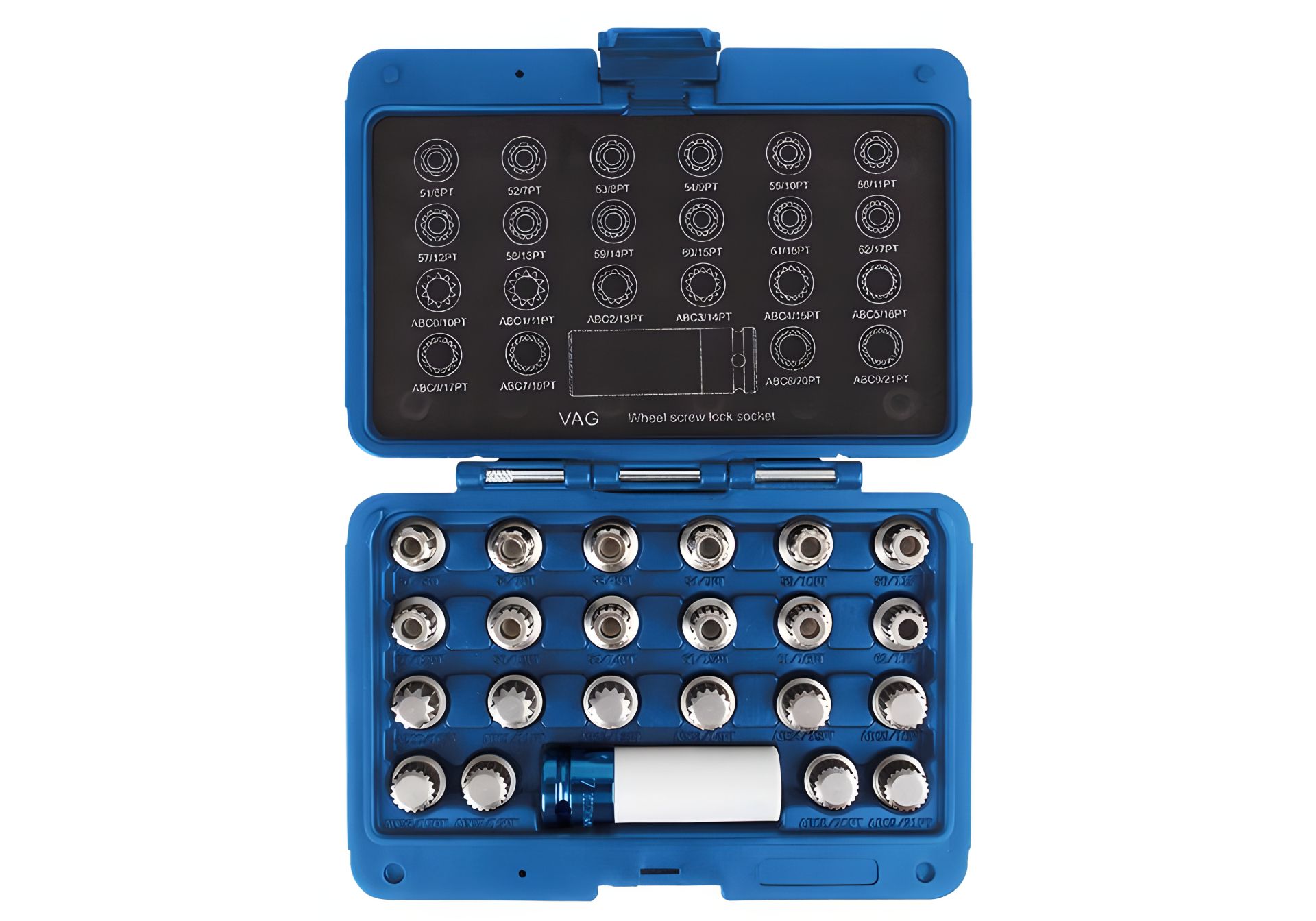 Набір насадок KING TONY 9BW0123 для монтажу/демонтажу секреток коліс VW, 23 предмети Набір насадок KING TONY 9BW0123 для монтажу/демонтажу секреток коліс VW, 23 предмети