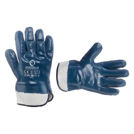 Захисна трикотажна рукавичка з повним нітриловим покриттям, 10,5", маслостійка, утеплена, з твердим манжетом, синя INTERTOOL SP-0001 Захисна трикотажна рукавичка з повним нітриловим покриттям, 10,5", маслостійка, утеплена, з твердим манжетом, синя INTERTOOL SP-0001