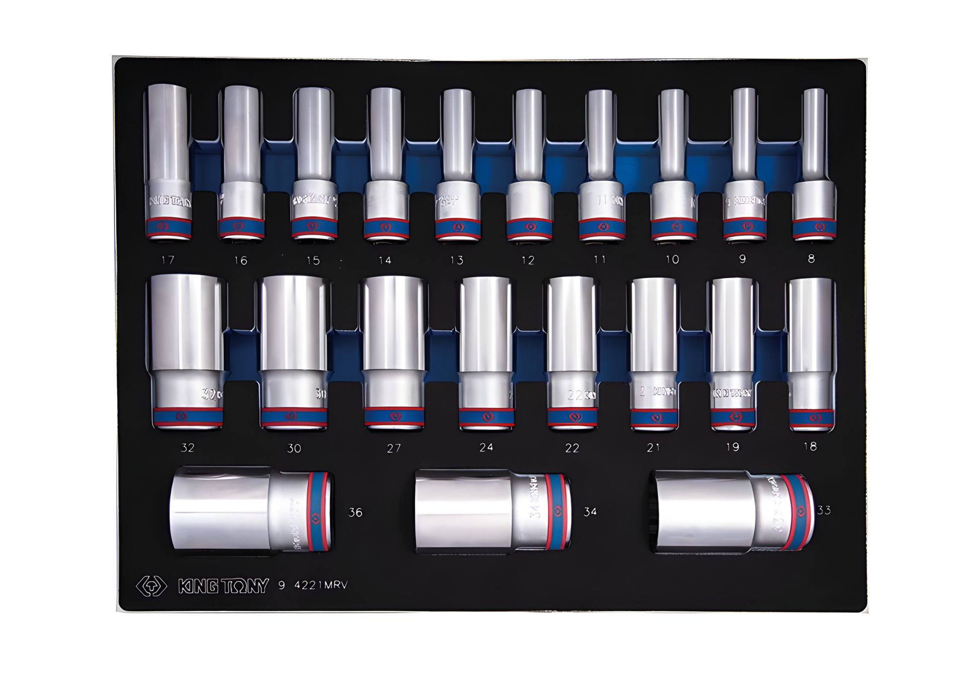 Набор длинных торцевых головок 1/2" на 21 элемент (08-36mm) EVA KING TONY 9-4221MRV Набор длинных торцевых головок 1/2" на 21 элемент (08-36mm) EVA KING TONY 9-4221MRV