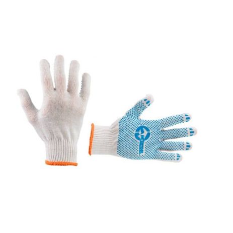 Перчатка трикотажная 70% хлопок / 30% полиэстер, 10", с ПВХ точкой, класс вязки 10, цвет белый, синяя точка, 52 г INTERTOOL SP-0130