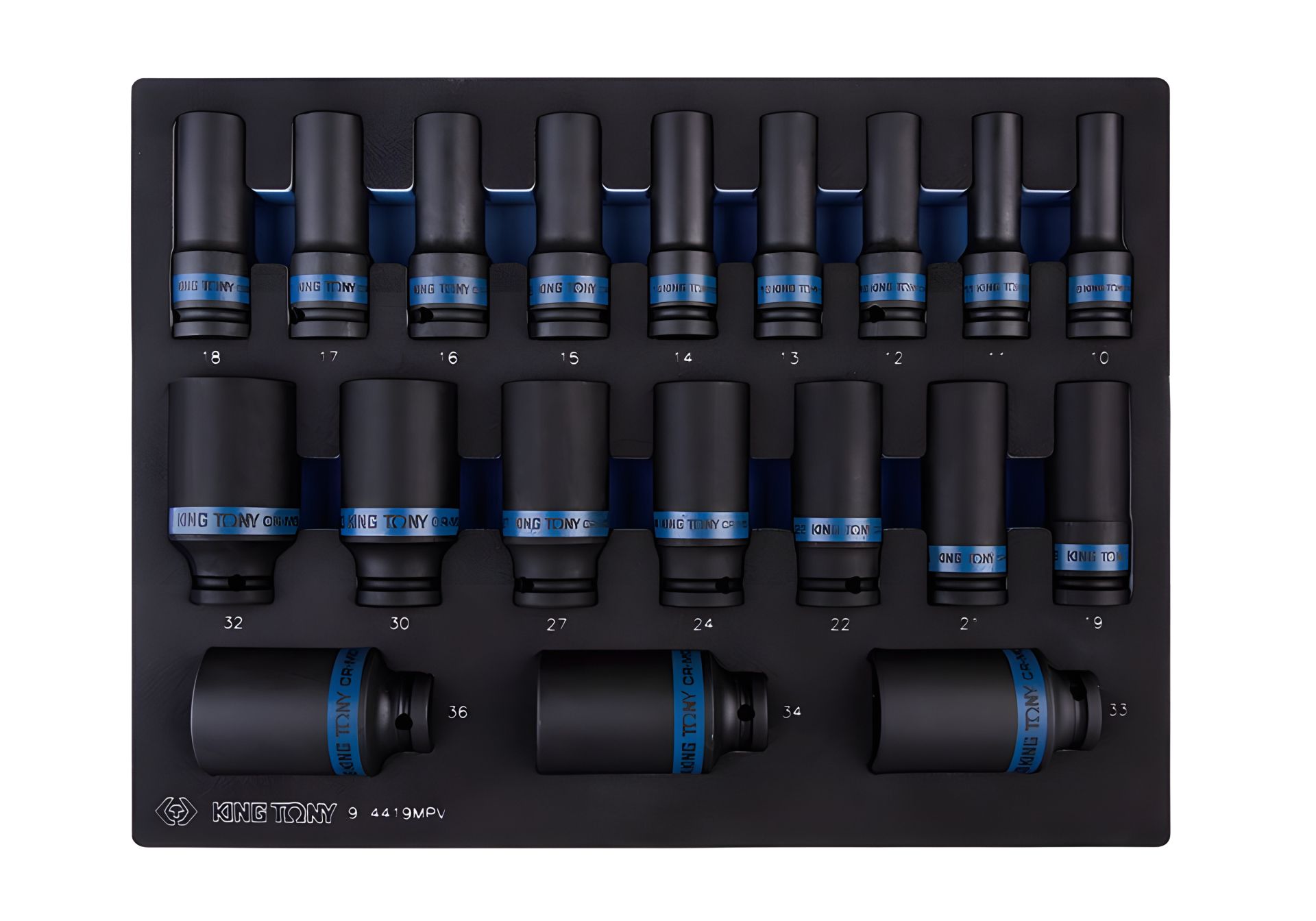 Набор длинных ударных торцевых головок 1/2", 19 ед. (10-36 мм) (EVA ложемент) KING TONY 9-4419MPV Набор длинных ударных торцевых головок 1/2", 19 ед. (10-36 мм) (EVA ложемент) KING TONY 9-4419MPV