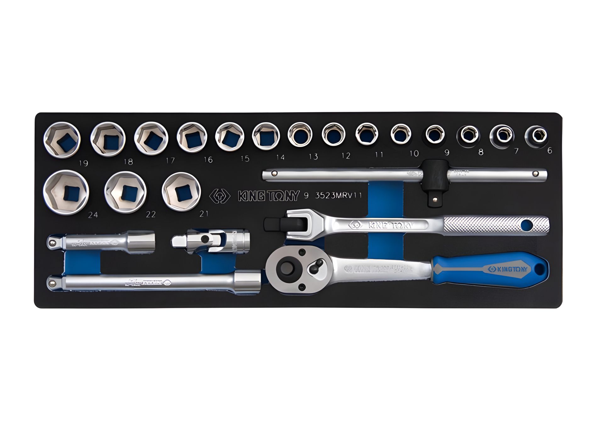 Комплект торцевых головок 3/8" (трещетка, головки, вороток, удлинитель) (EVA ложемент) KING TONY 9-3523MRV11 Комплект торцевых головок 3/8" (трещетка, головки, вороток, удлинитель) (EVA ложемент) KING TONY 9-3523MRV11