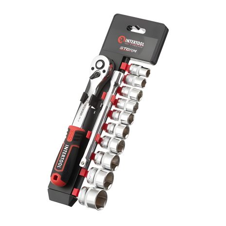 Набор головок STORM, Cr-V, 3/8", 12 ед., 10-24 мм, трещотка 72 зуба, удлинитель 150 мм INTERTOOL ET-8013