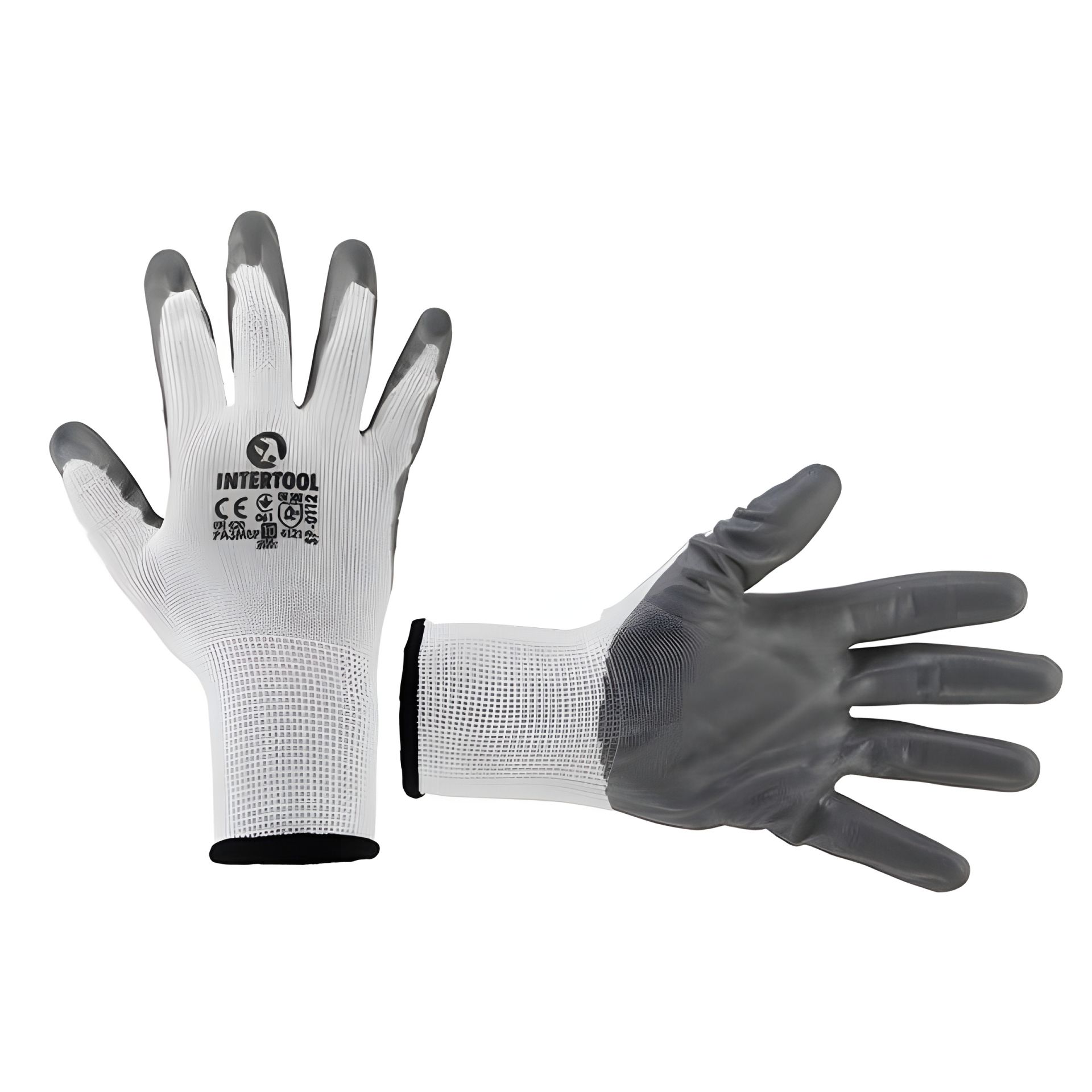 Рукавичка трикотажна з сірим нітриловим покриттям долоні, синтетична, біла, 10" INTERTOOL SP-0112 Рукавичка трикотажна з сірим нітриловим покриттям долоні, синтетична, біла, 10" INTERTOOL SP-0112