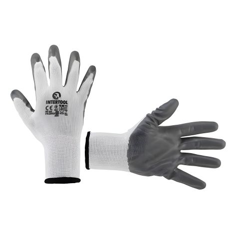 Рукавичка трикотажна з сірим нітриловим покриттям долоні, синтетична, біла, 10" INTERTOOL SP-0112