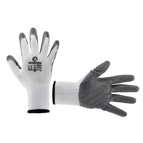 Рукавичка трикотажна з сірим нітриловим покриттям долоні, синтетична, біла, 10" INTERTOOL SP-0112